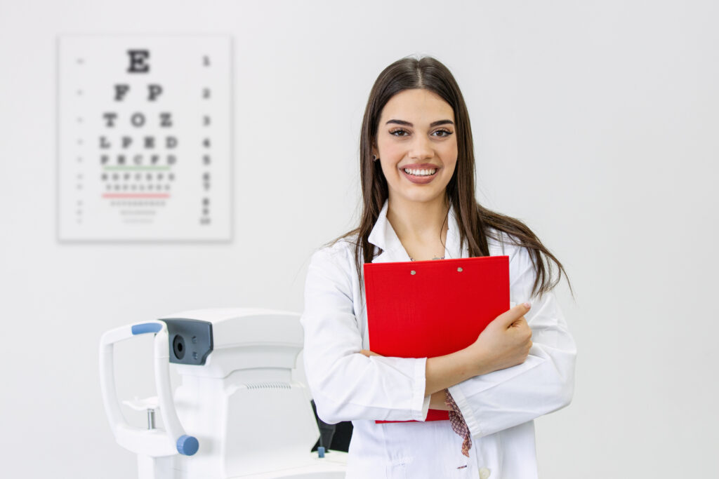 woman holding red folder standing in front of eye chart and eye exam machine