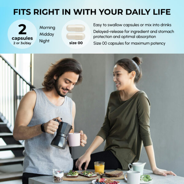 Couple smiling over coffee with text saying: fits right in with daily life, 2 easy-to-swallow size 00 capsules per servings, delayed release for stomach protection and optimal absorption