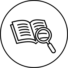 Icon of open book with magnifying glass